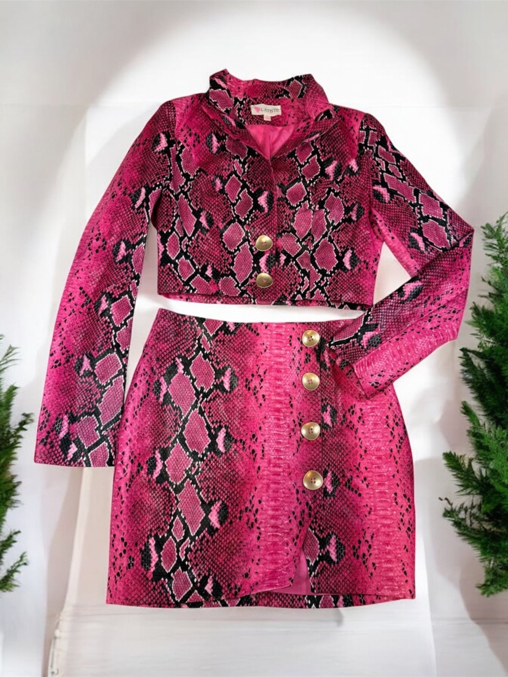 L'Atiste by Amy Pink Snakeskin Leather Crop Jacket Skirt Set S